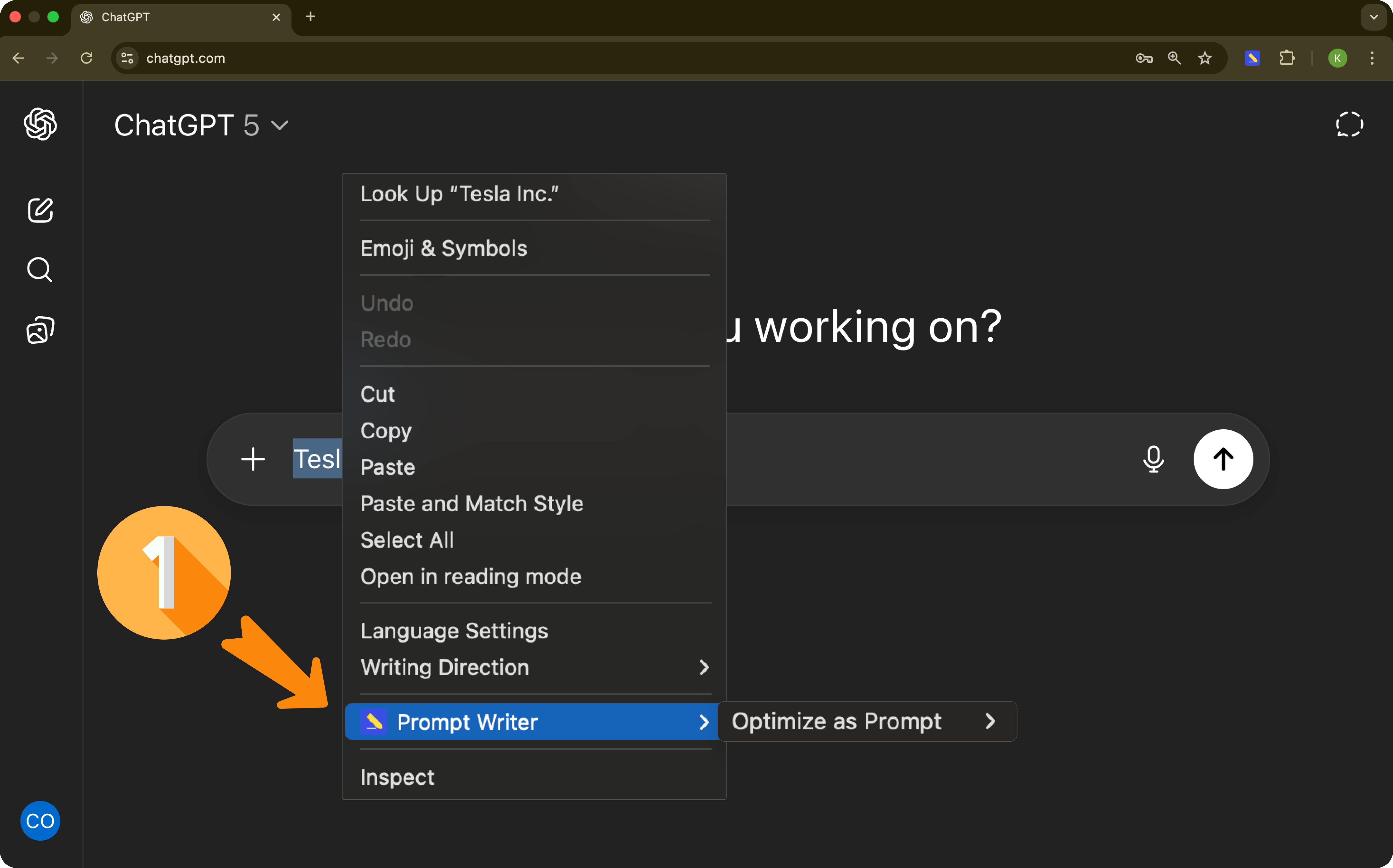 Screenshot: right-click menu → Prompt Writer